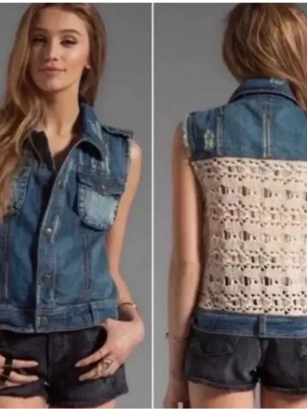 Free People Blue Denim Vest with Cream Crochet Back